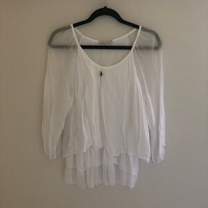 Tempo Paris White Ruffled 3/4 Sleeve Blouse